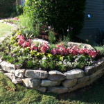 Natural stone retaining wall and flower bed